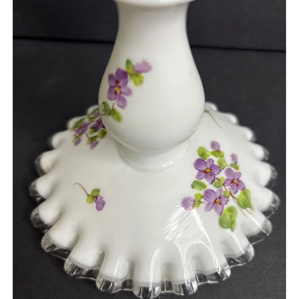 Fenton Silver Crest Violets in The Snow Single Candlestick Milk Glass Vintage